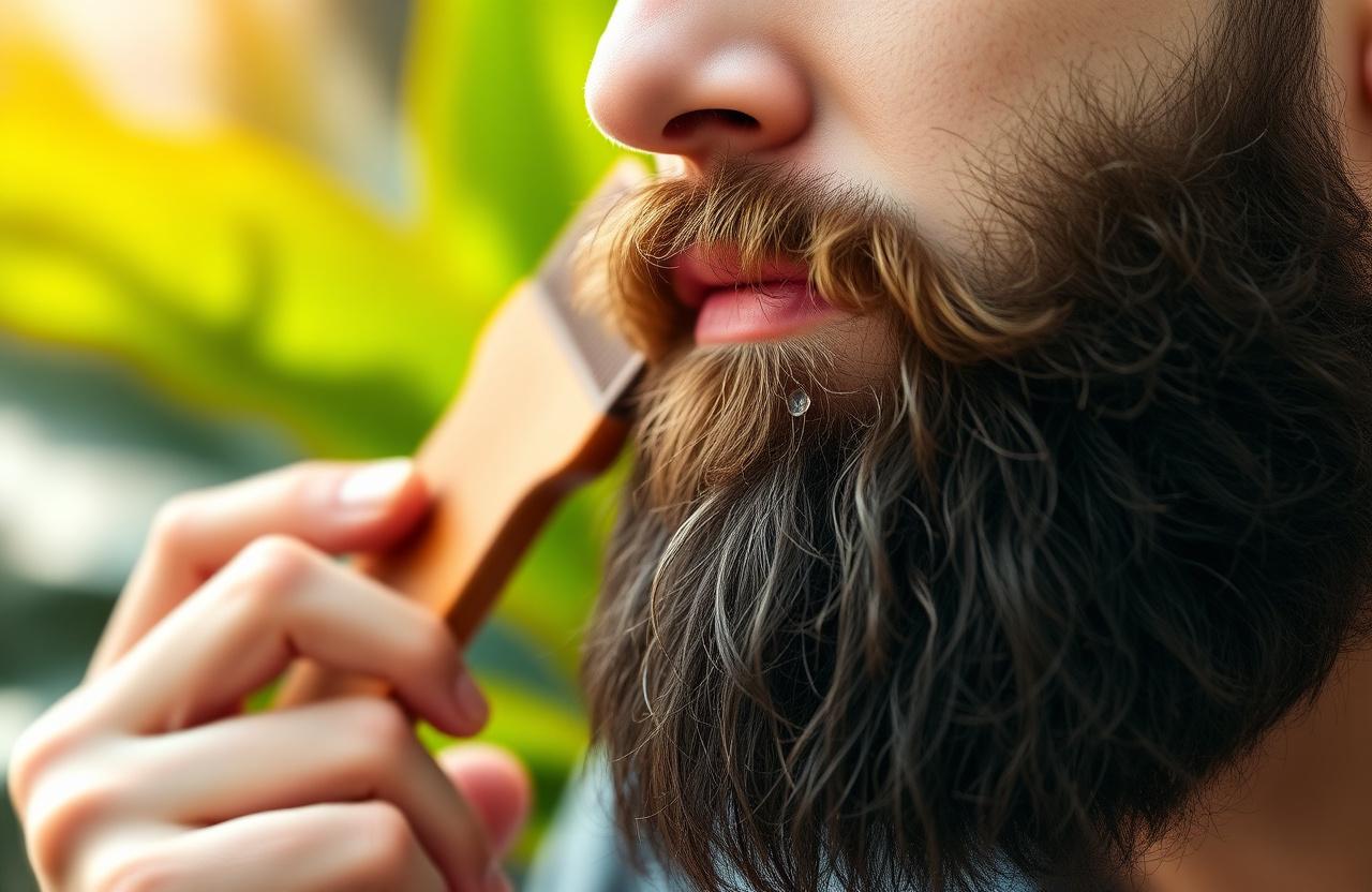 A man's beard being conditioned in tropical climate