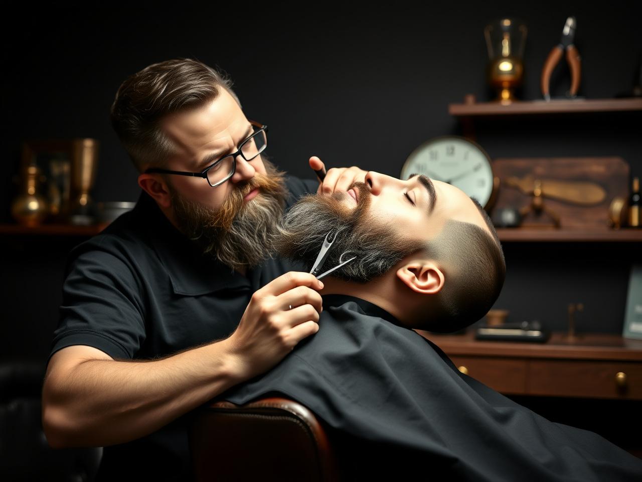 Barber sculpting a full beard with scissors