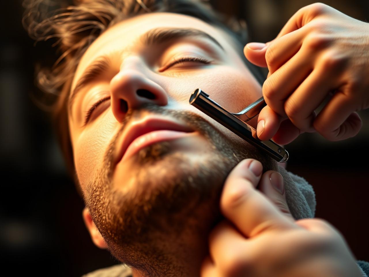 Classic hot towel straight razor shave being performed