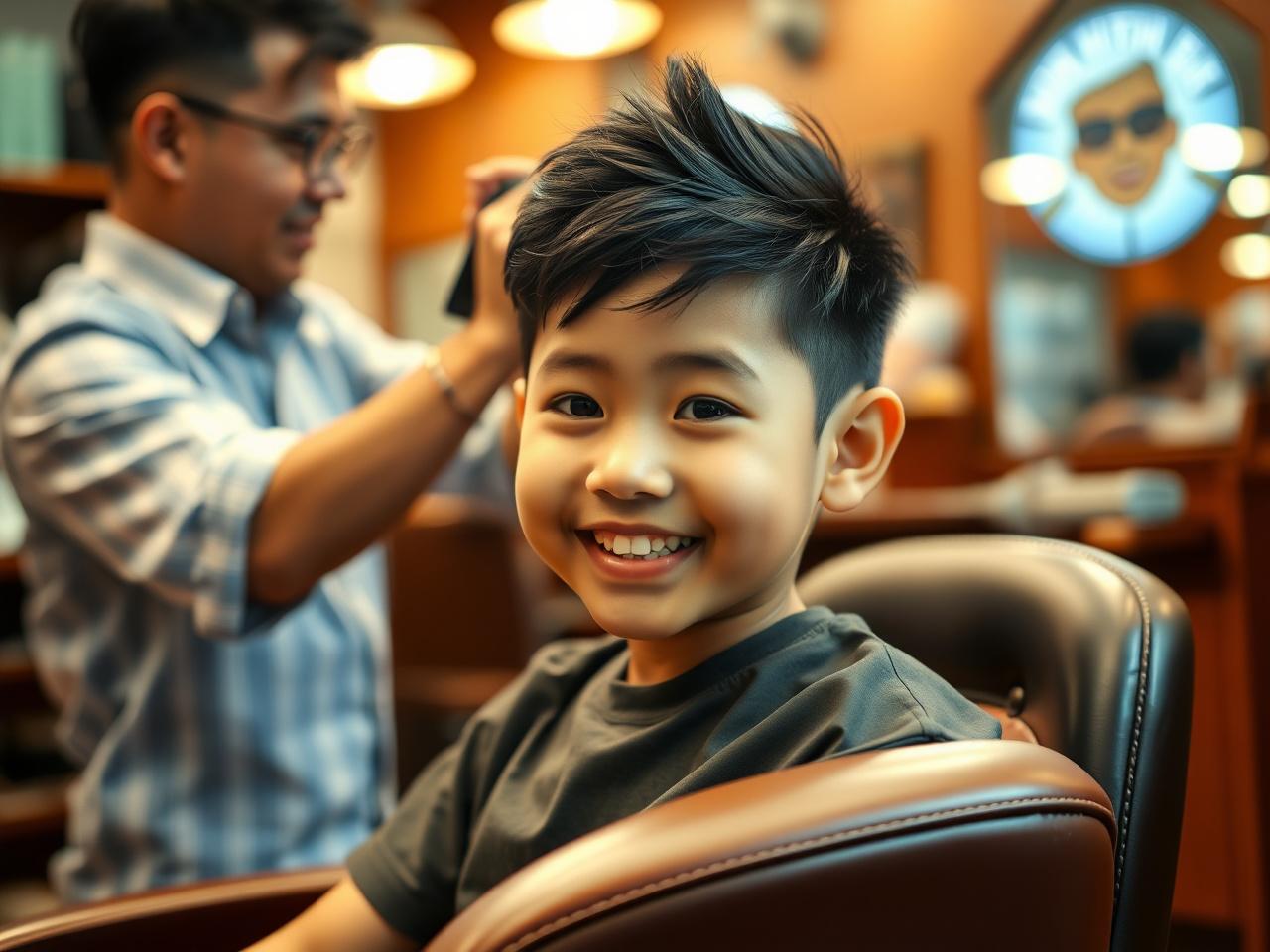 Young Malaysian boy getting a haircut at a barbershop