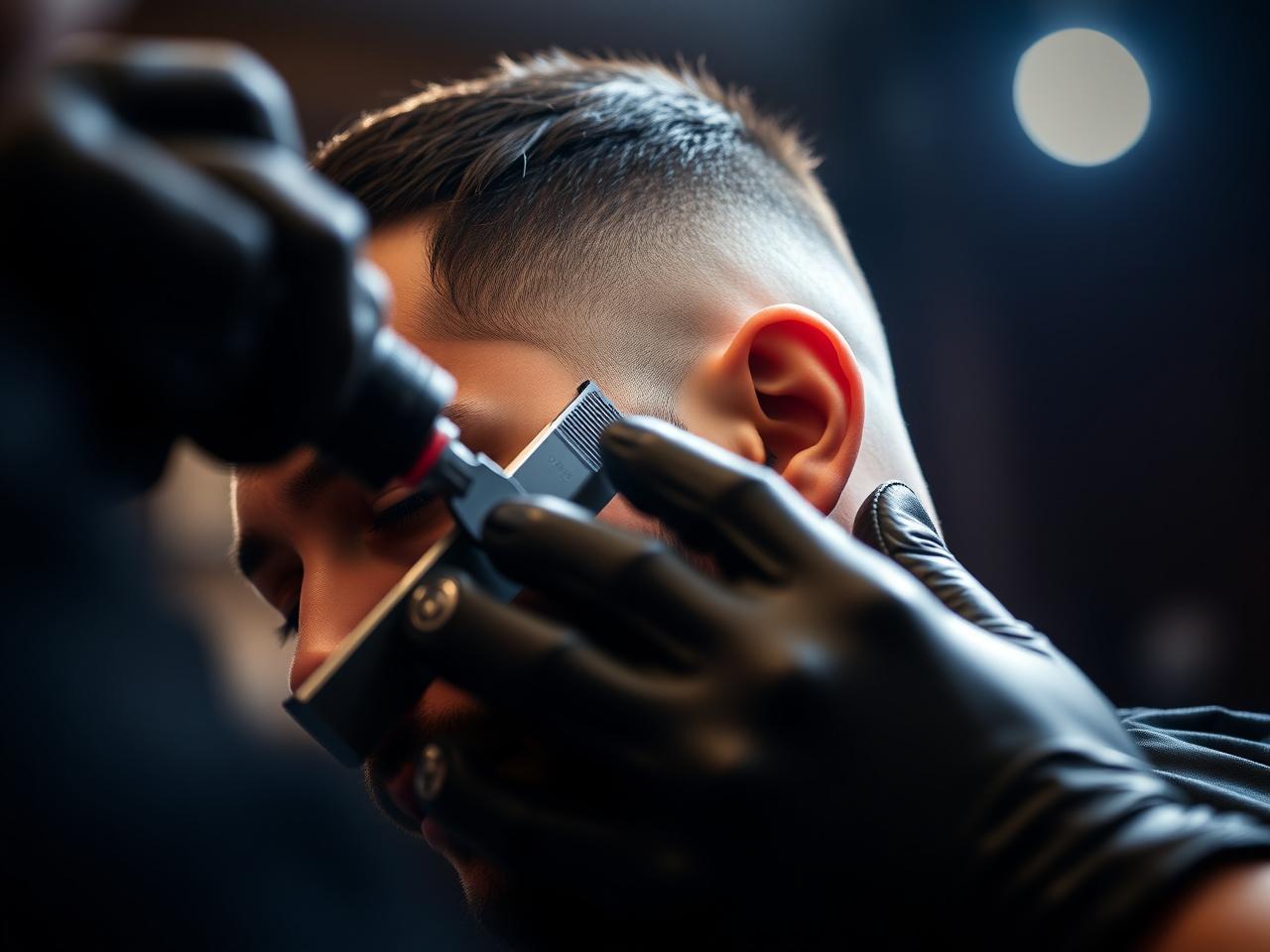 Close-up of precision skin fade haircut work