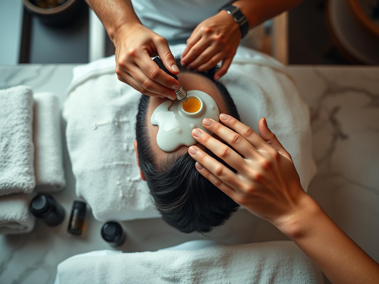 Hands of a barber massaging conditioning oil into a clients scalp