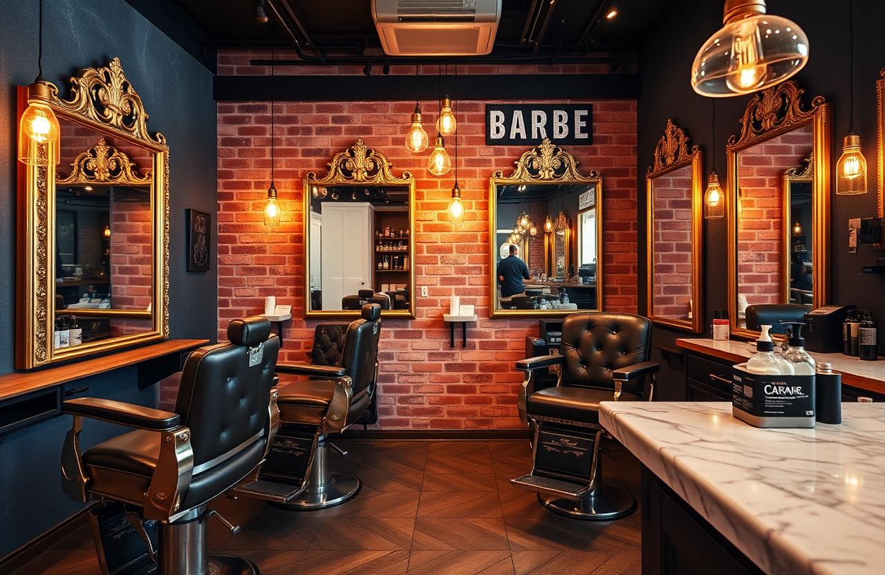 Interior of a PeakLyft barbershop showing four vintage leather chairs and gold framed mirrors